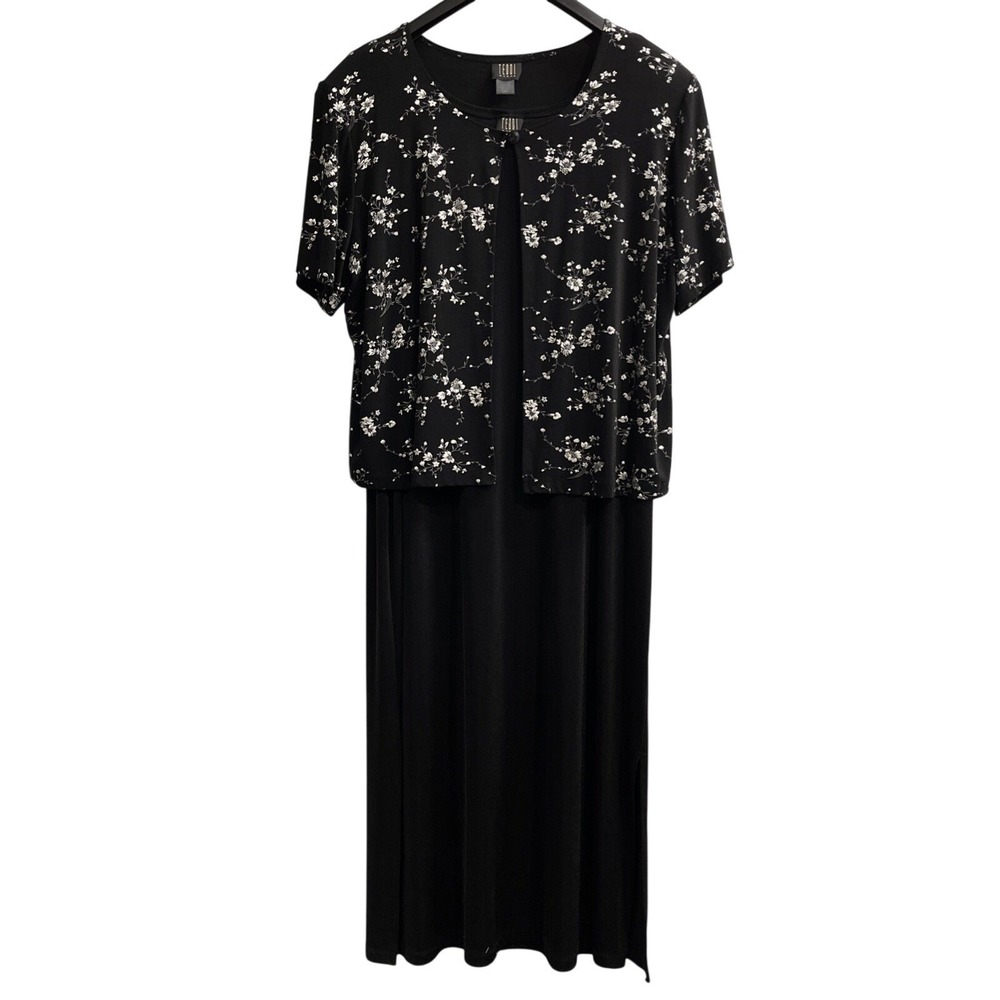 Vintage Teddi Dress Black Liquid Knit Maxi Silver Floral Jacket Size 20W Event